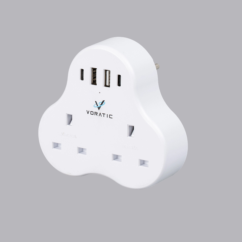 VT-923-DE Adaptador de Reino Unido a Alemania, 2 enchufes, 2 puertos USB, 2 puertos tipo C