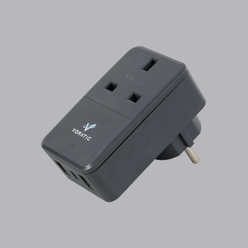 VT-925-DE Adaptador de Reino Unido a Alemania, 1 toma, 2 puertos USB, 1 puerto tipo C